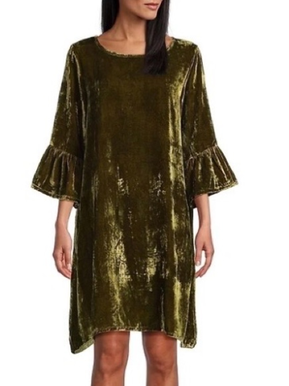 Bryn Walker Olive Green Velvet Ruffle Sleeve Shift Dress
